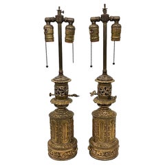 Pair of Electrified Brass Oil Lamps