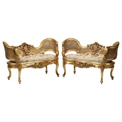 Retro Pair of Louis XV Style Giltwood Settees 