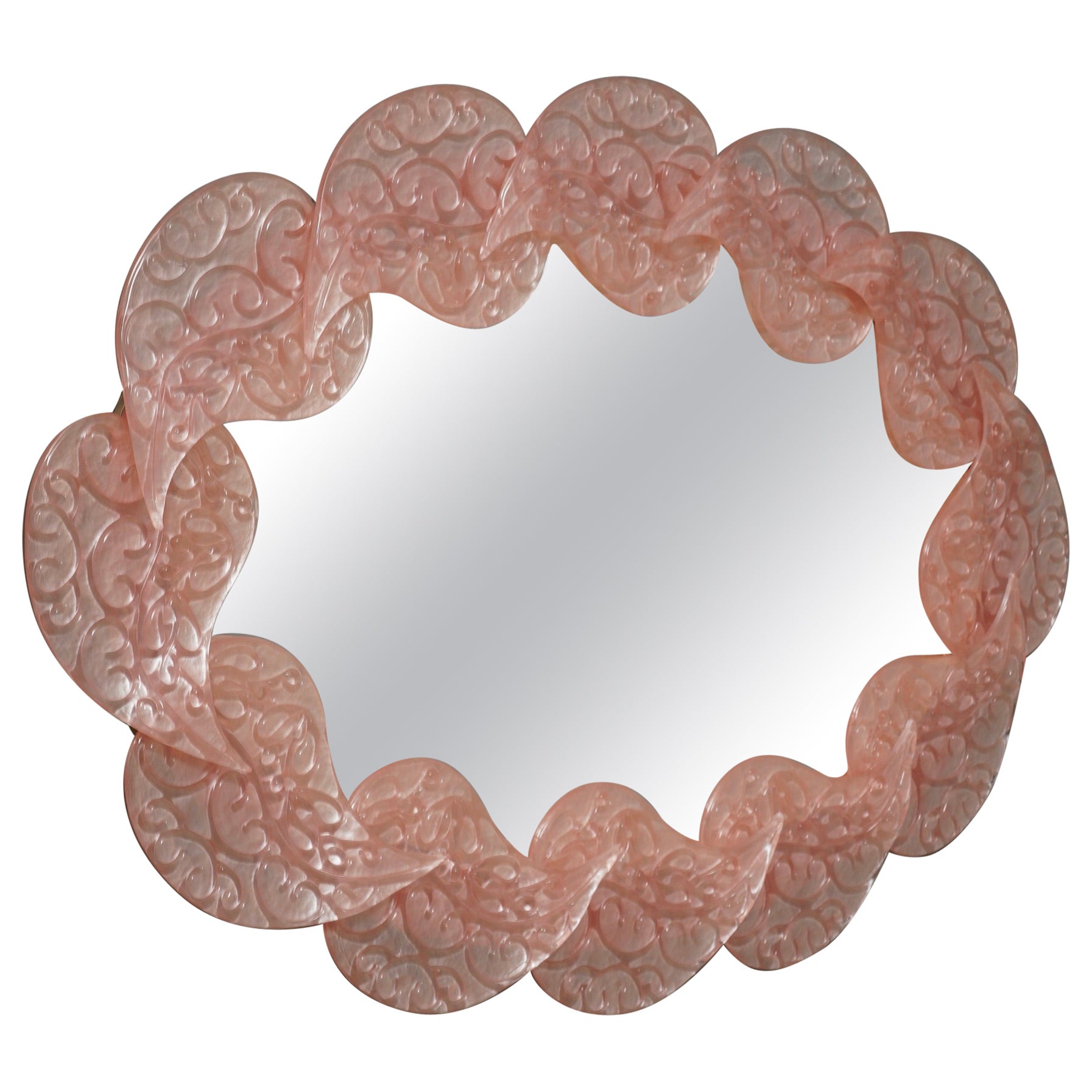 Midcentury Murano Oval Pink Art Glass and Brass Italian Wall Mirror, 2000 For Sale