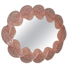 Midcentury Murano Oval Pink Art Glass and Brass Italian Wall Mirror, 2000