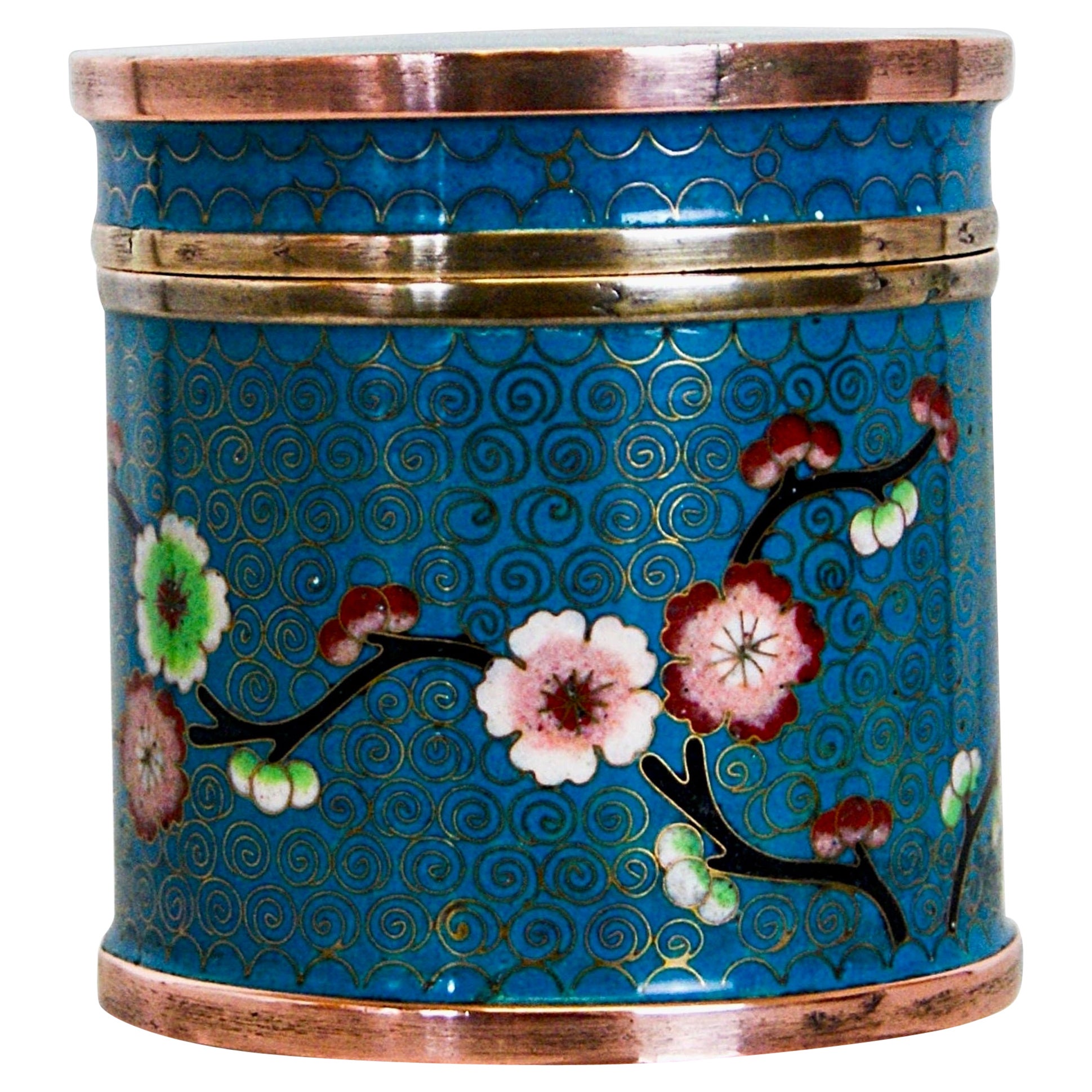Antique Chinoiserie Cloisonné on Copper and Brass Enamel Lidded Storage Jar