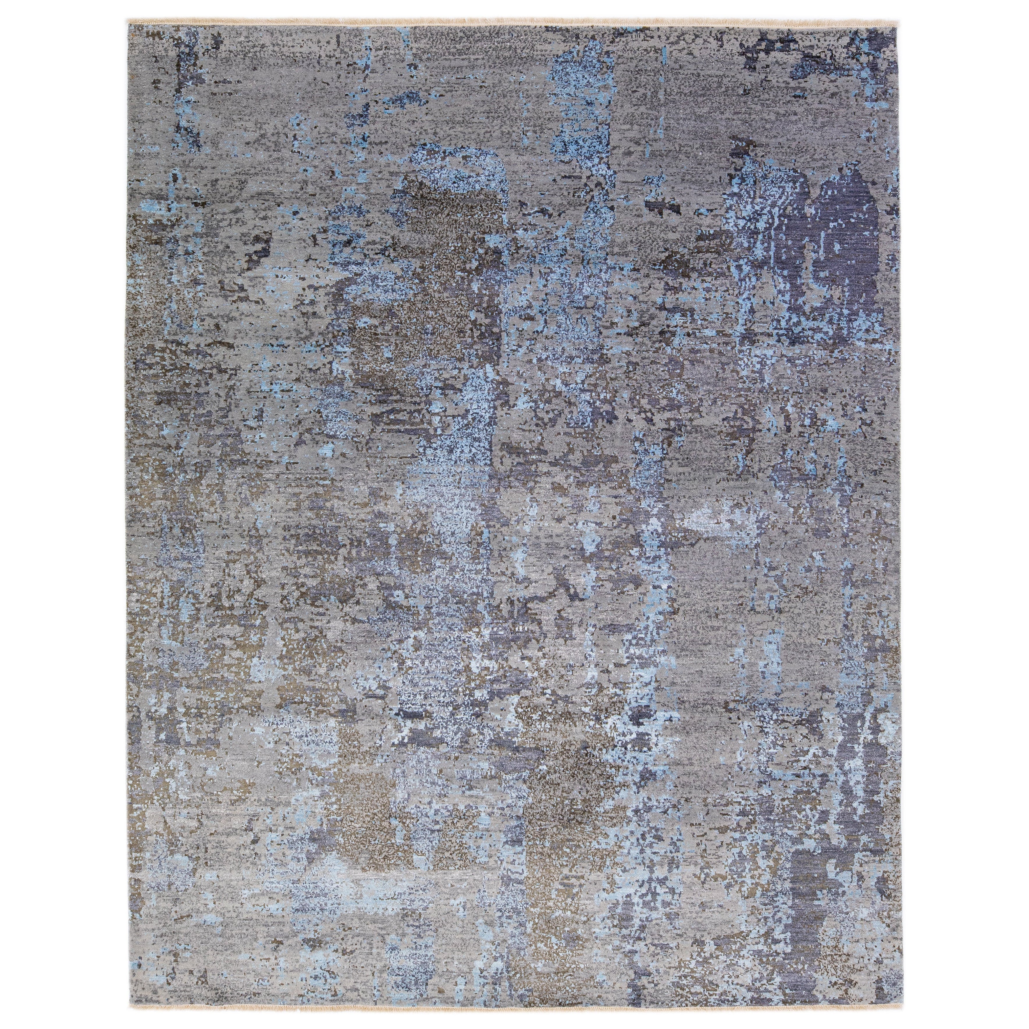 Gray Wool & Silk Rug Modern Handmade with Abstract Motif For Sale