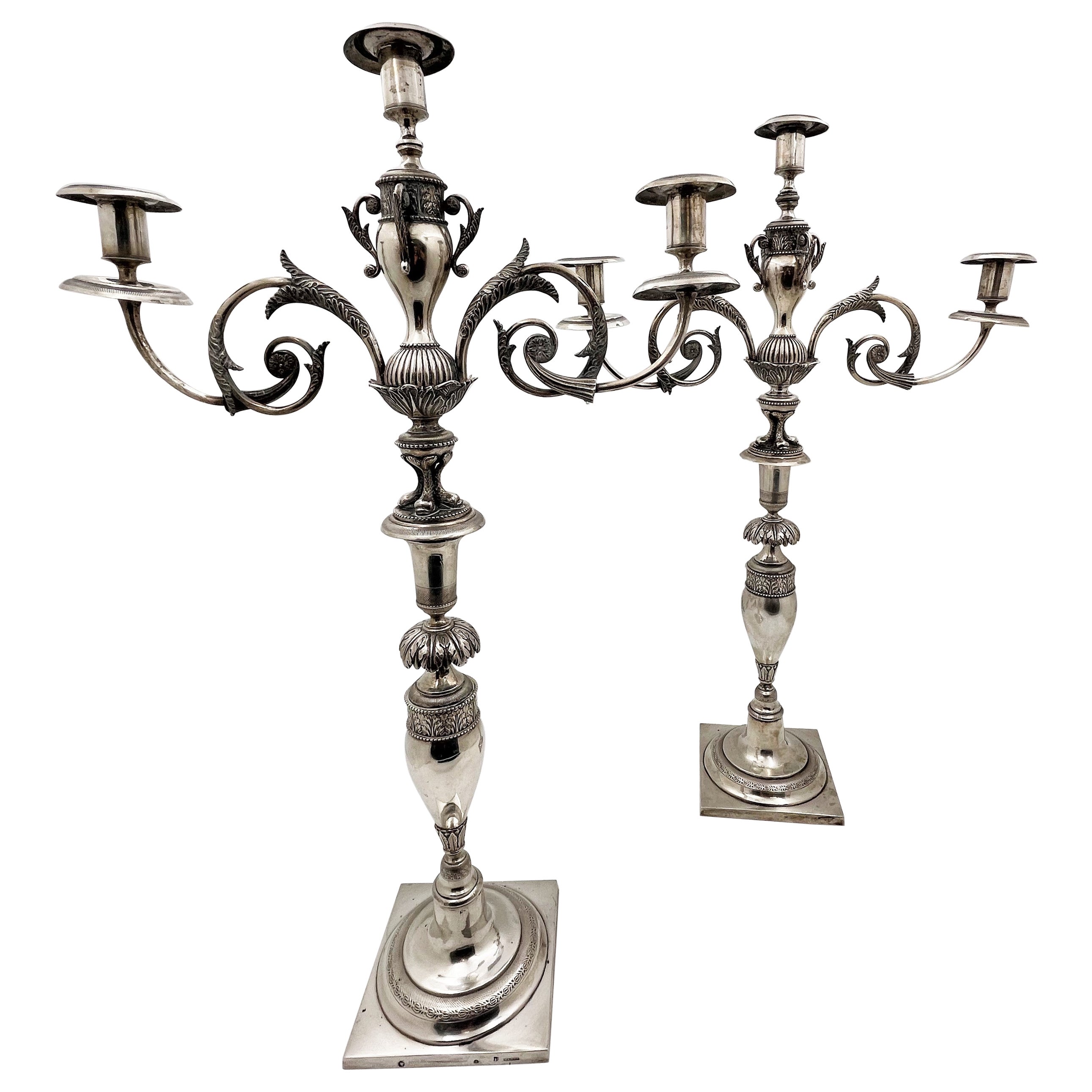 Pair of 18th Century German Silver 3-Light Monumental Candelabra