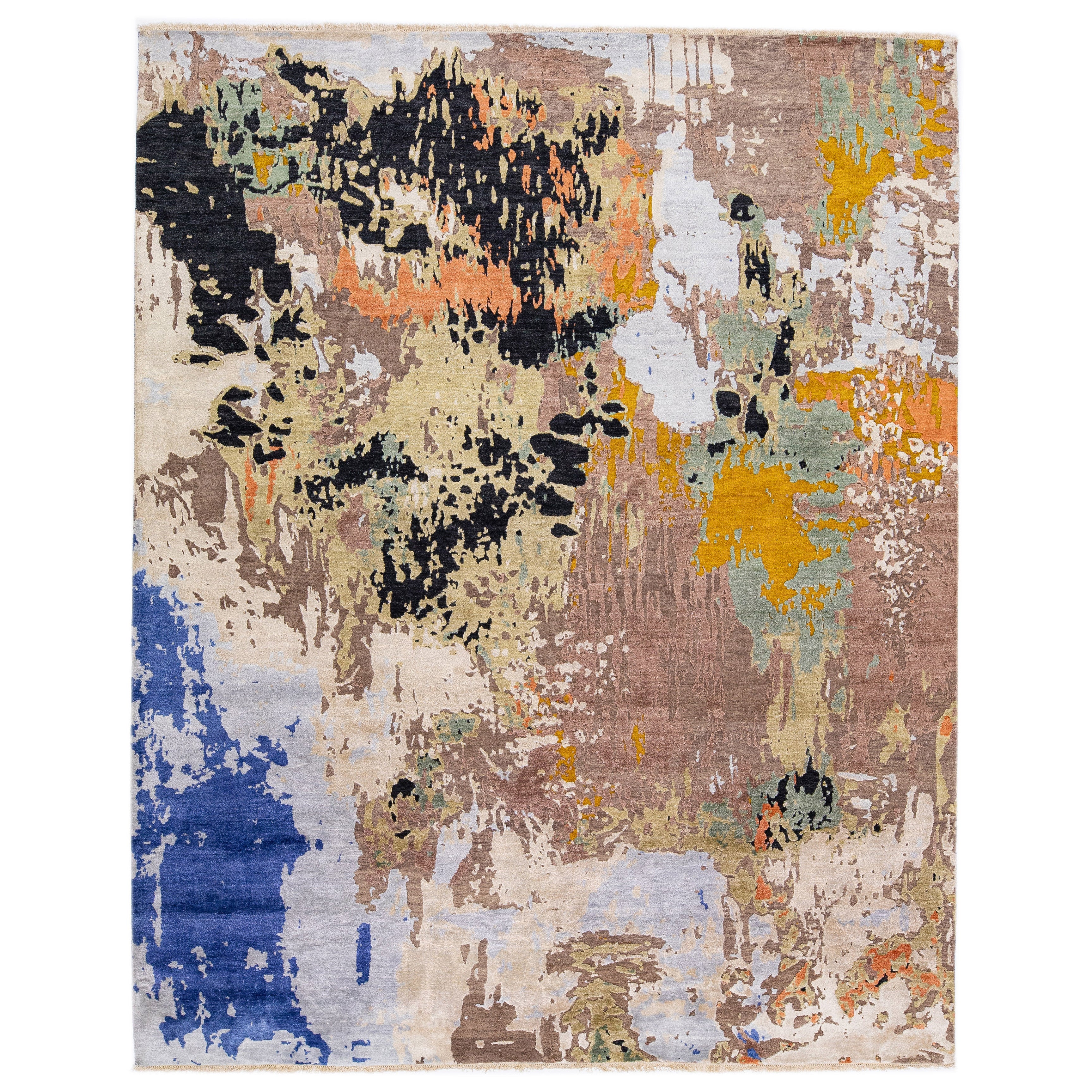 Multicolor Wool and Silk Modern Handmade Rug with Abstract Design For Sale