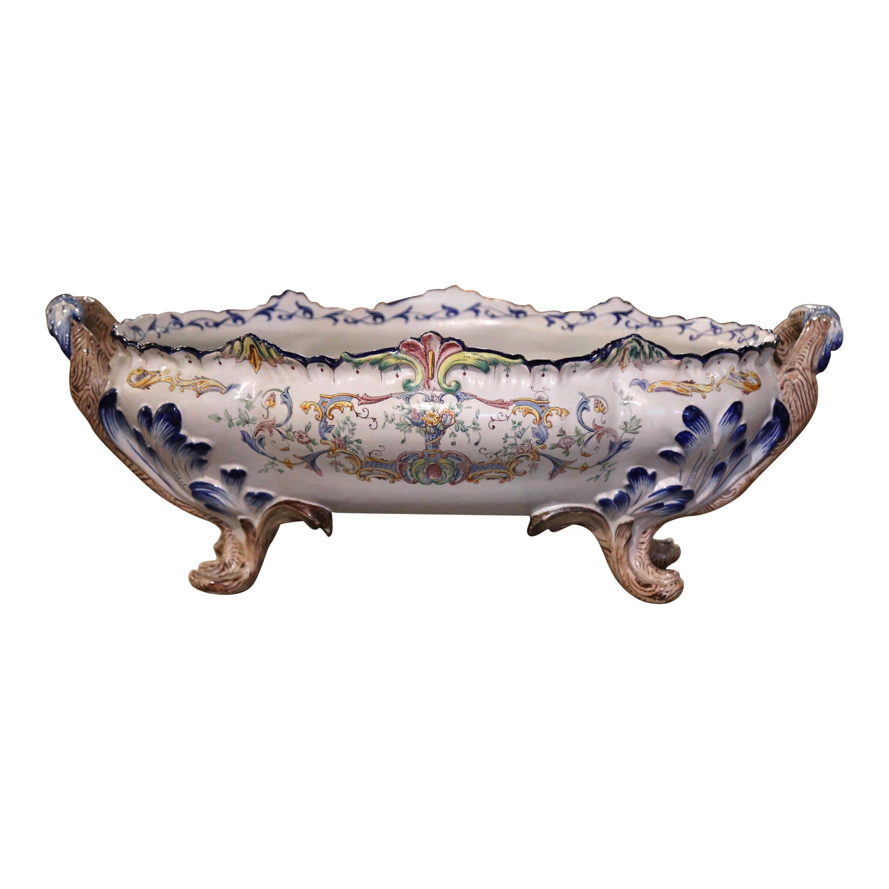 19th Century French Hand Painted Faience Oblong Jardinière with Floral Motifs