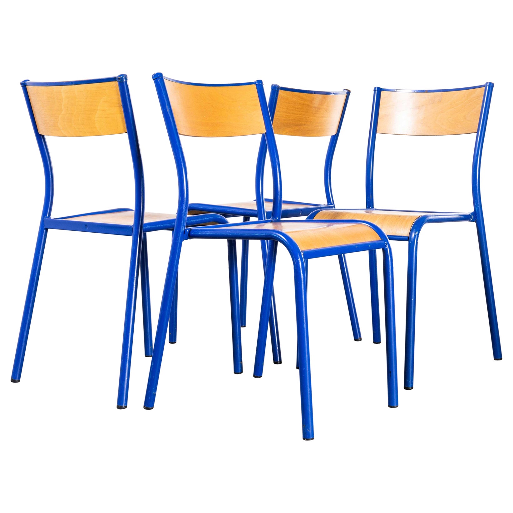 1970s Bright Blue Mullca Stacking Dining Chair, Beech Seat, Set of Four For Sale