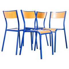 Chaise de salle à manger empilable Mullca bleu vif des années 1970 - Siège en hêtre - Ensemble de quatre pièces