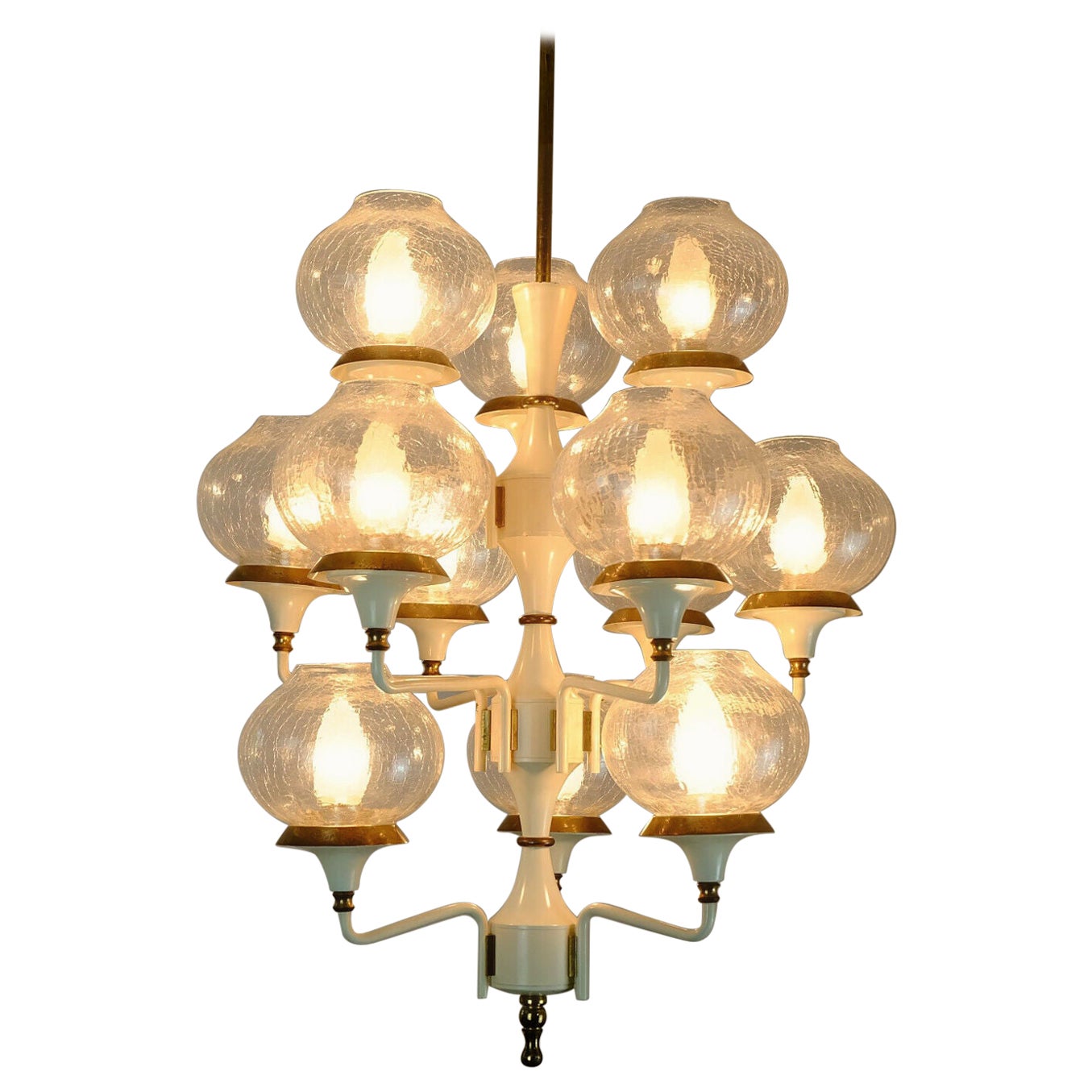 Midcentury Chandelier Metal Brass 12 Crackle Glass Shades For Sale