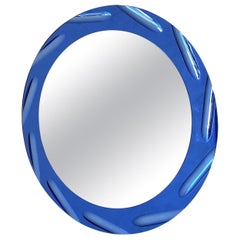 20th Century Blue Italian Round Cut Crystal Glass Wall Mirror by Cristal Art