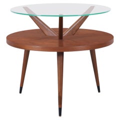 Vintage Two-Tiered Walnut and Glass Tripod Table