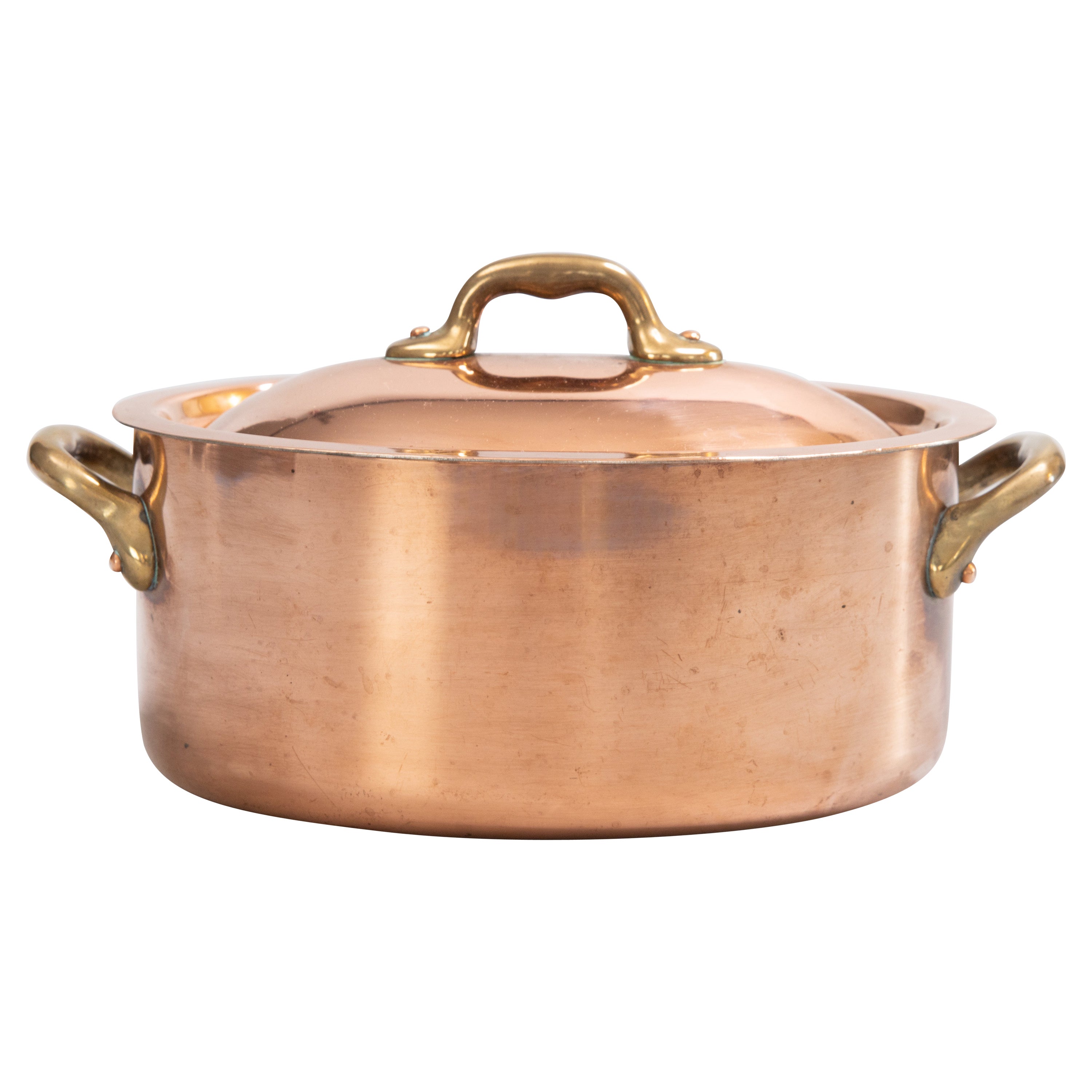 1930s French Lidded Oval Copper & Brass Handled Pot