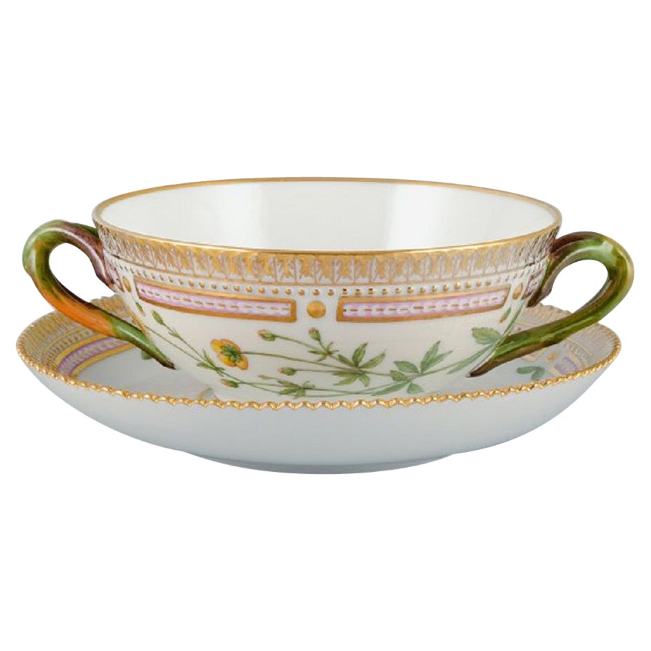 Royal Copenhagen Flora Danica Bouillon Cup with Saucer in Hand Painted Porcelain For Sale