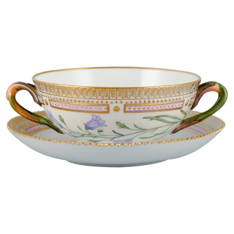 Royal Copenhagen Flora Danica Bouillon Cup with Saucer in Hand Painted