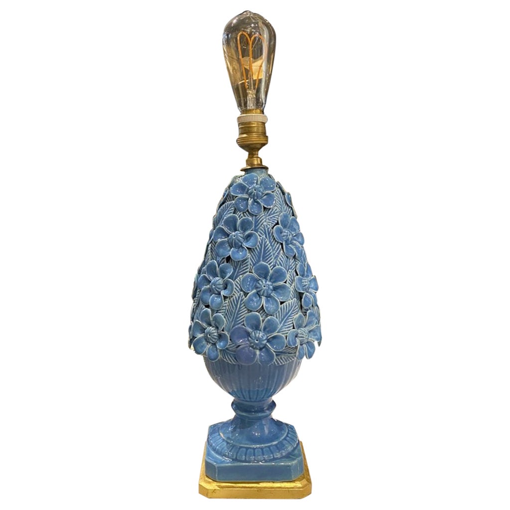Artisanal Stunning Midcentury Spanish Turquoise Ceramic Floral Lamp