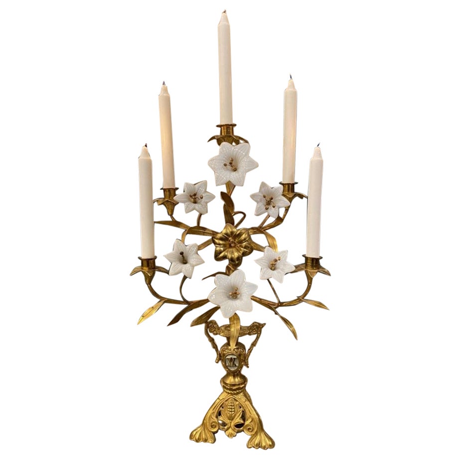 Stunning Church Candelabra, Opaline Flowers, Brass Ornamentation