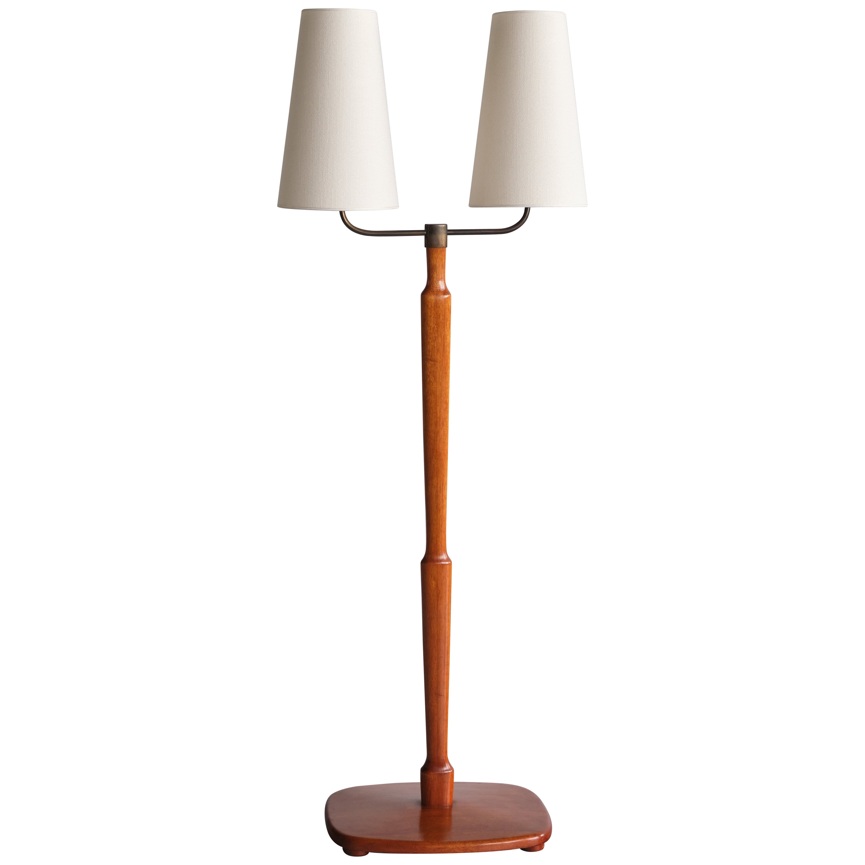 Swedish Modern Two Arm Floor Lamp in Teak Wood and Brass, Sweden, Late 1940s