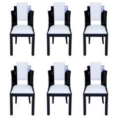Ensemble de six chaises de salle à manger Art Déco des années 1930 en laque noire et cuir blanc