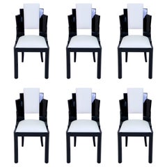 Set of Six 1930s Art Deco Dining Room Chairs in Black Lacquer and White Leather