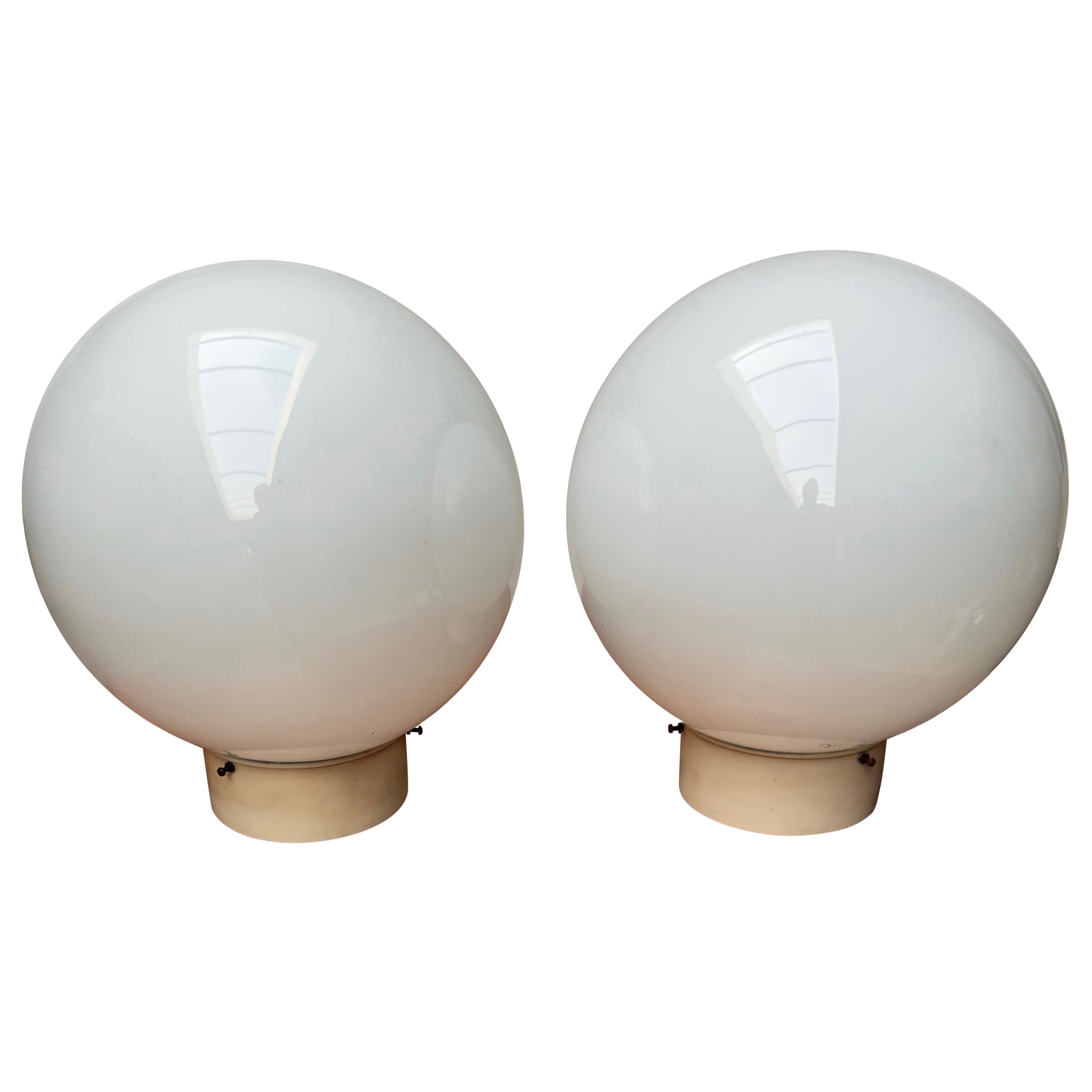 3 Large Pairs of Midcentury Modern Globe Design White Opaline Glass Flush Mounts For Sale