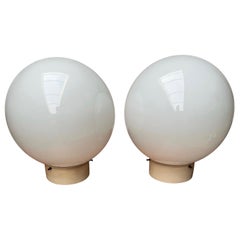 Vintage 3 Large Pairs of Midcentury Modern Globe Design White Opaline Glass Flush Mounts