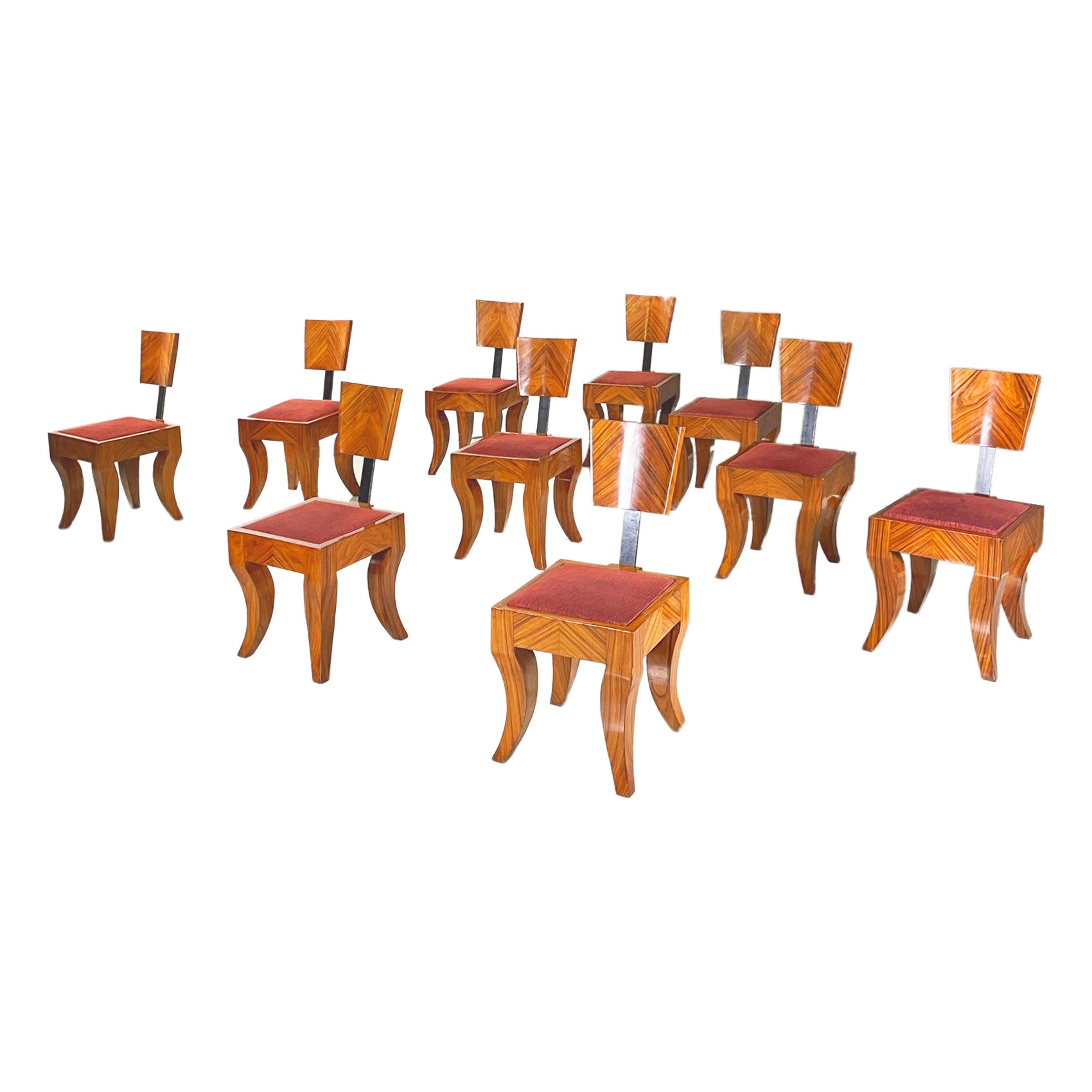 Chaises Art déco italiennes en bois massif, métal noir et tissu rouge, années 1920-1930