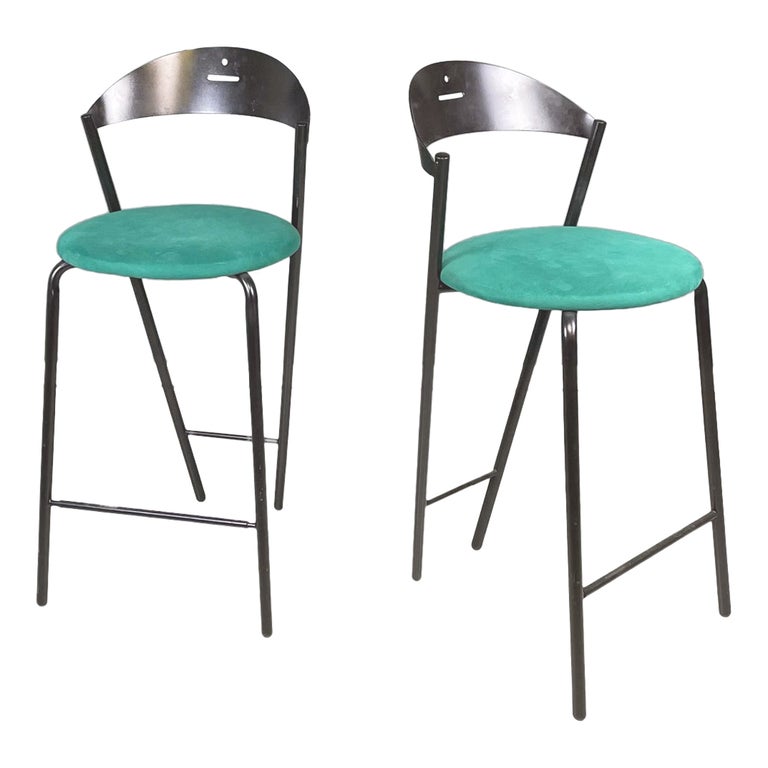 Italian Modern High Bar Stools by Fly Line in Black Metal Green Velvet