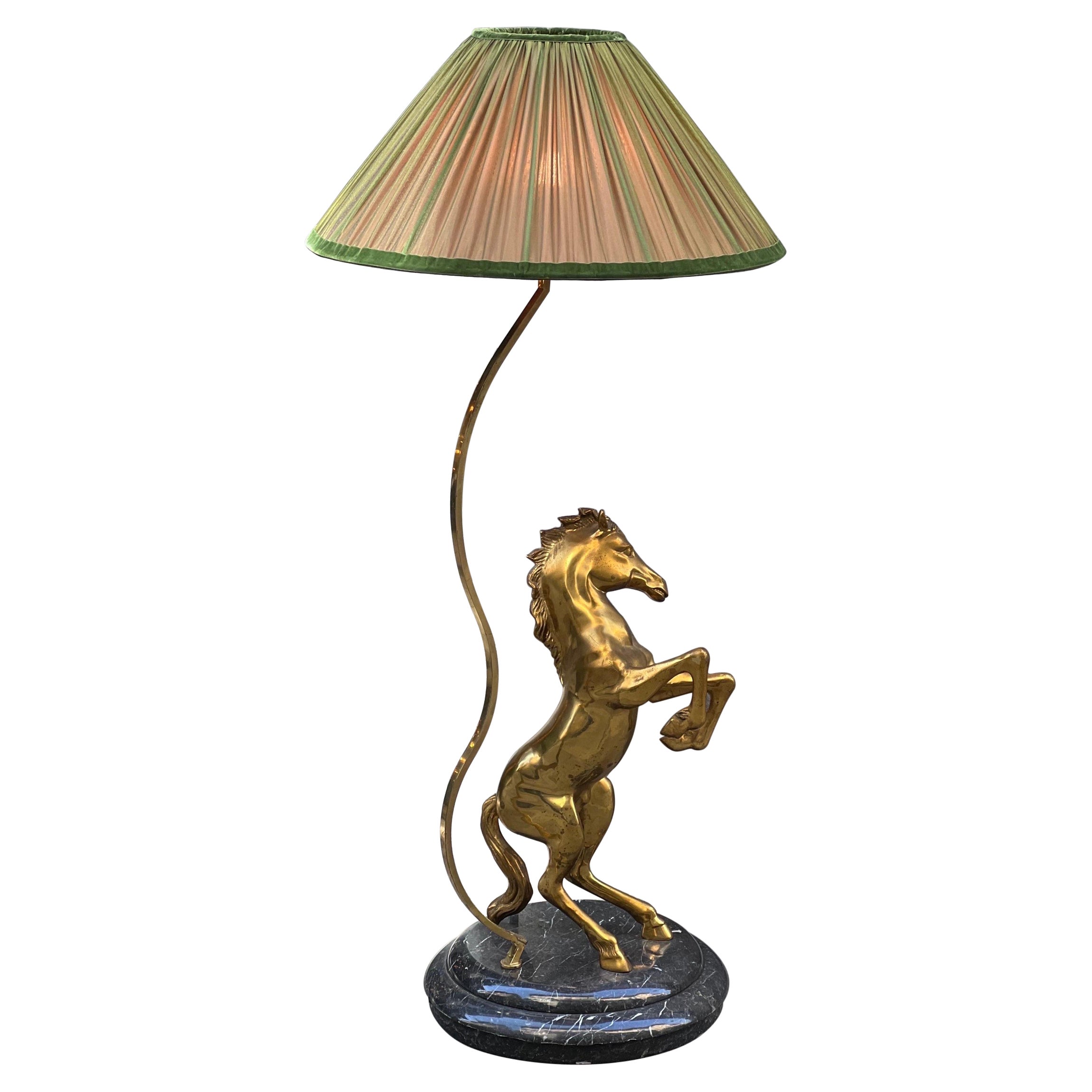 Vintage Bronze Horse Floor Lamp with Round Marble Base, 1970s