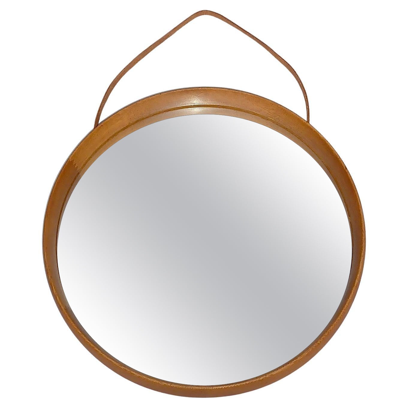 Signed Round Wall Mirror Vittsjö Östen Kristiansson Oak Wood Leather, 1960s