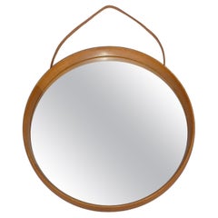 Vintage Signed Round Wall Mirror Vittsjö Östen Kristiansson Oak Wood Leather, 1960s