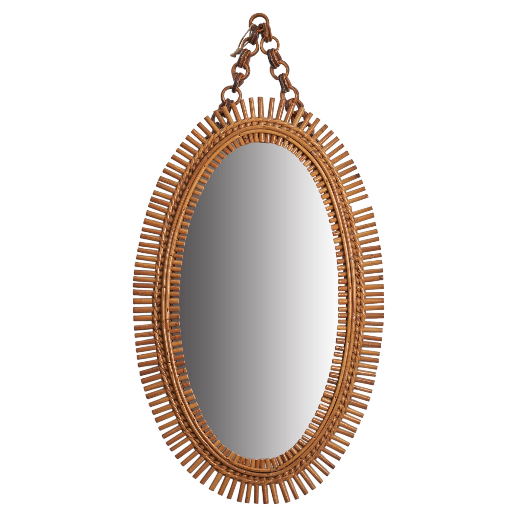 Italian Designer, Wall Mirror, Rattan, Bamboo, Italy, 1960s For Sale