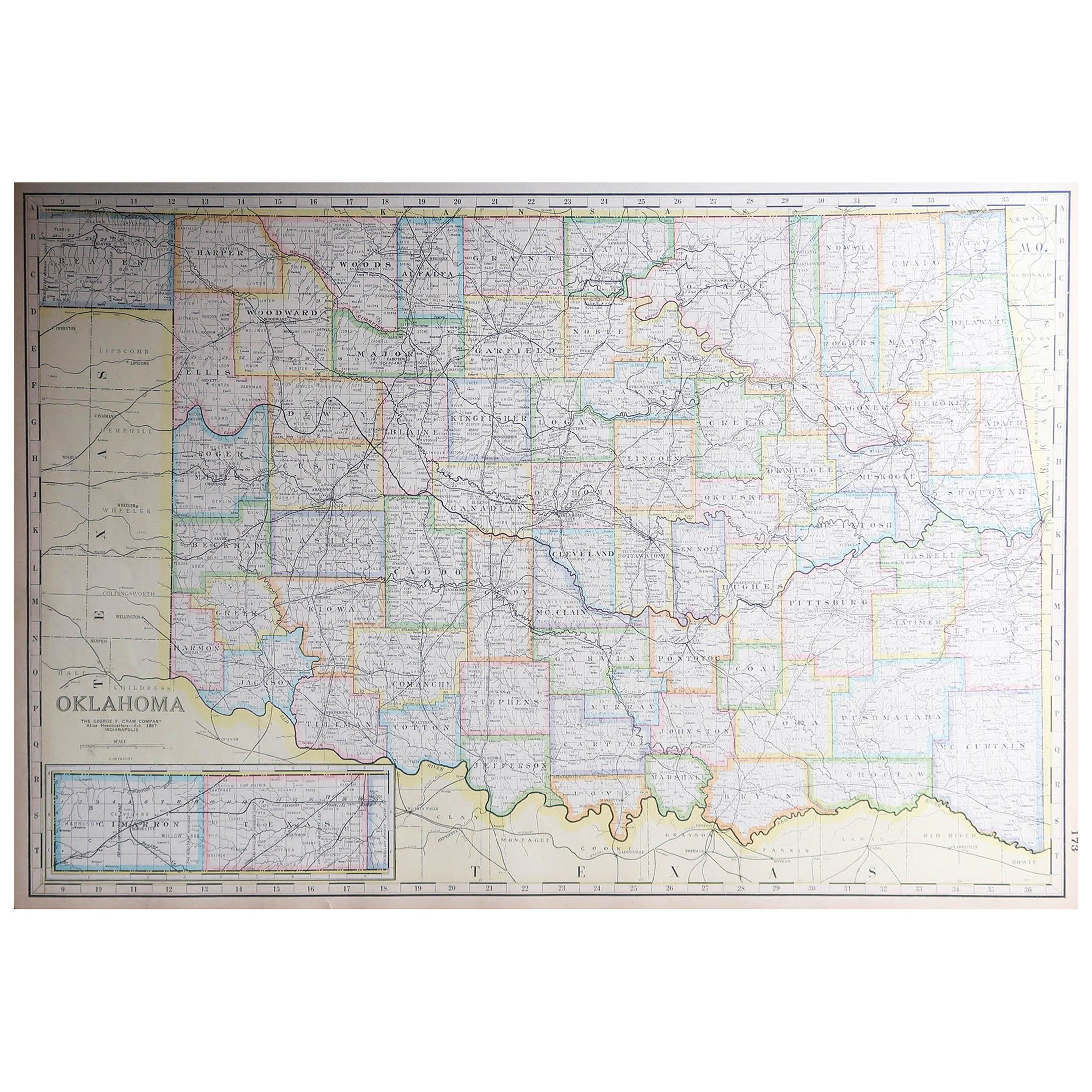 Large Original Antique Map of Oklahoma, USA, circa 1900 For Sale