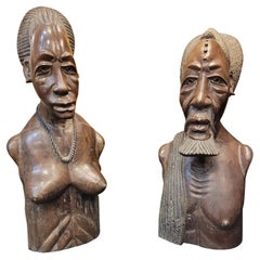 Vintage French Wood Sculptures, Couple of Busts, Sculptures of Africans from the Congo