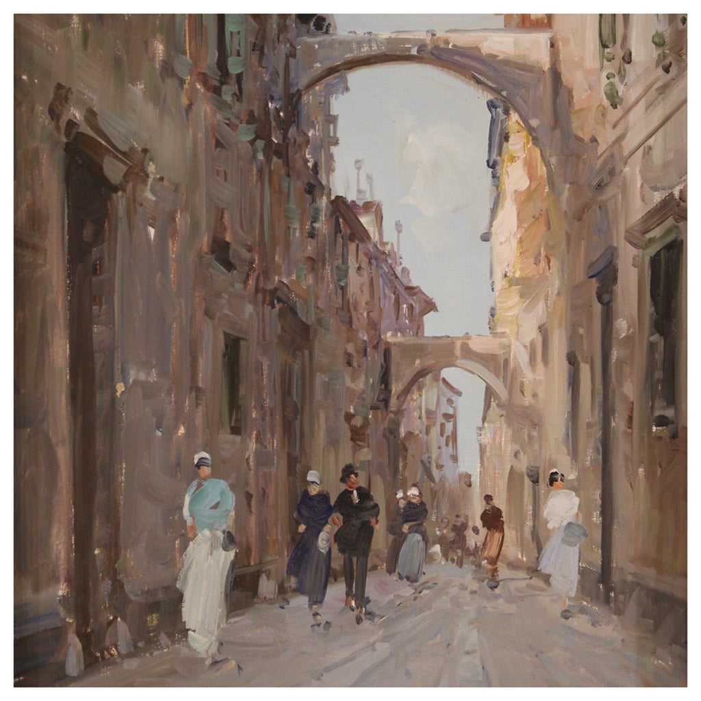 Peinture à l'huile sur toile italienne du 20ème siècle représentant un paysage de ville, signée, 1960