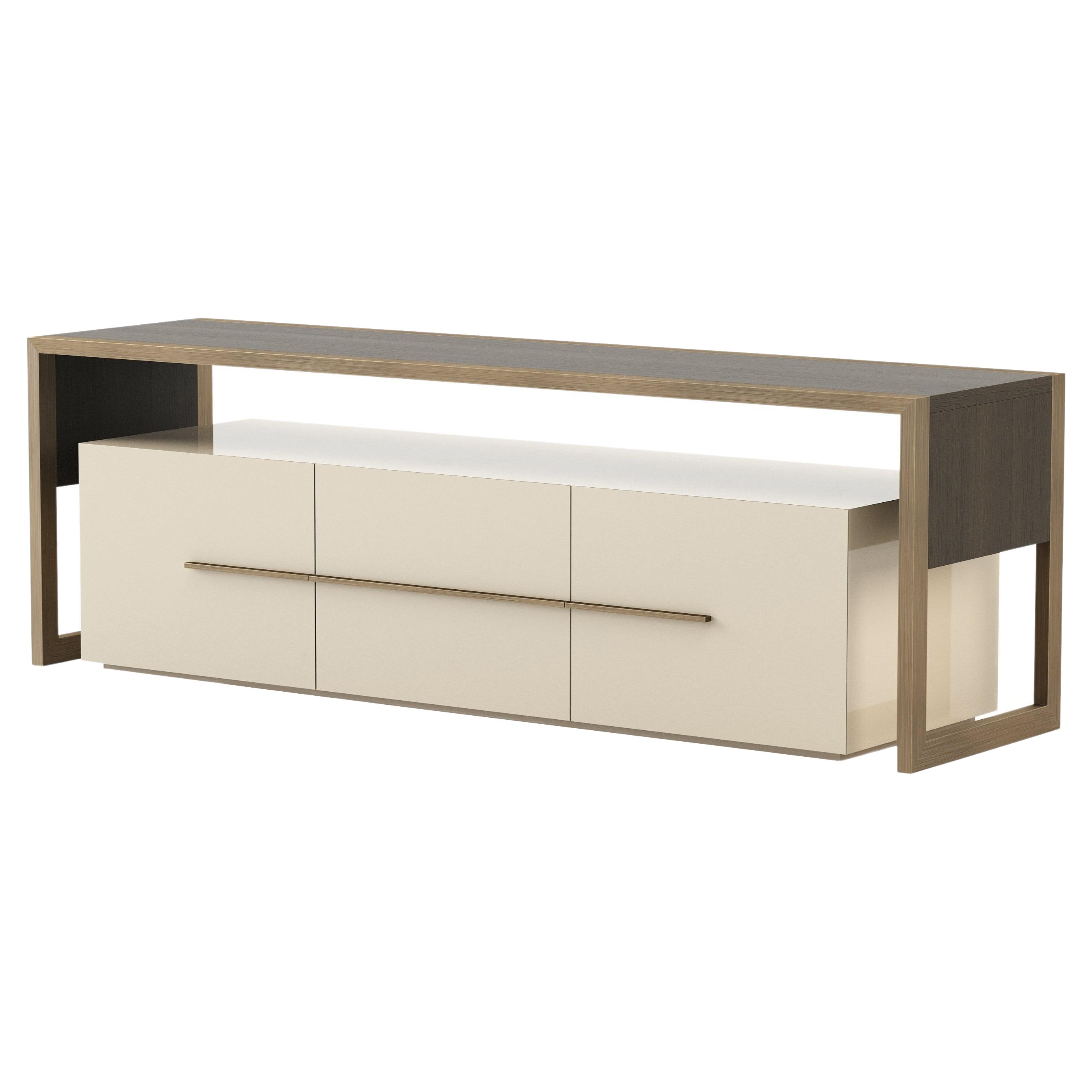 Modern Bridge Tv Cabinet made with Walnut, Brass and lacquer, handmade For Sale