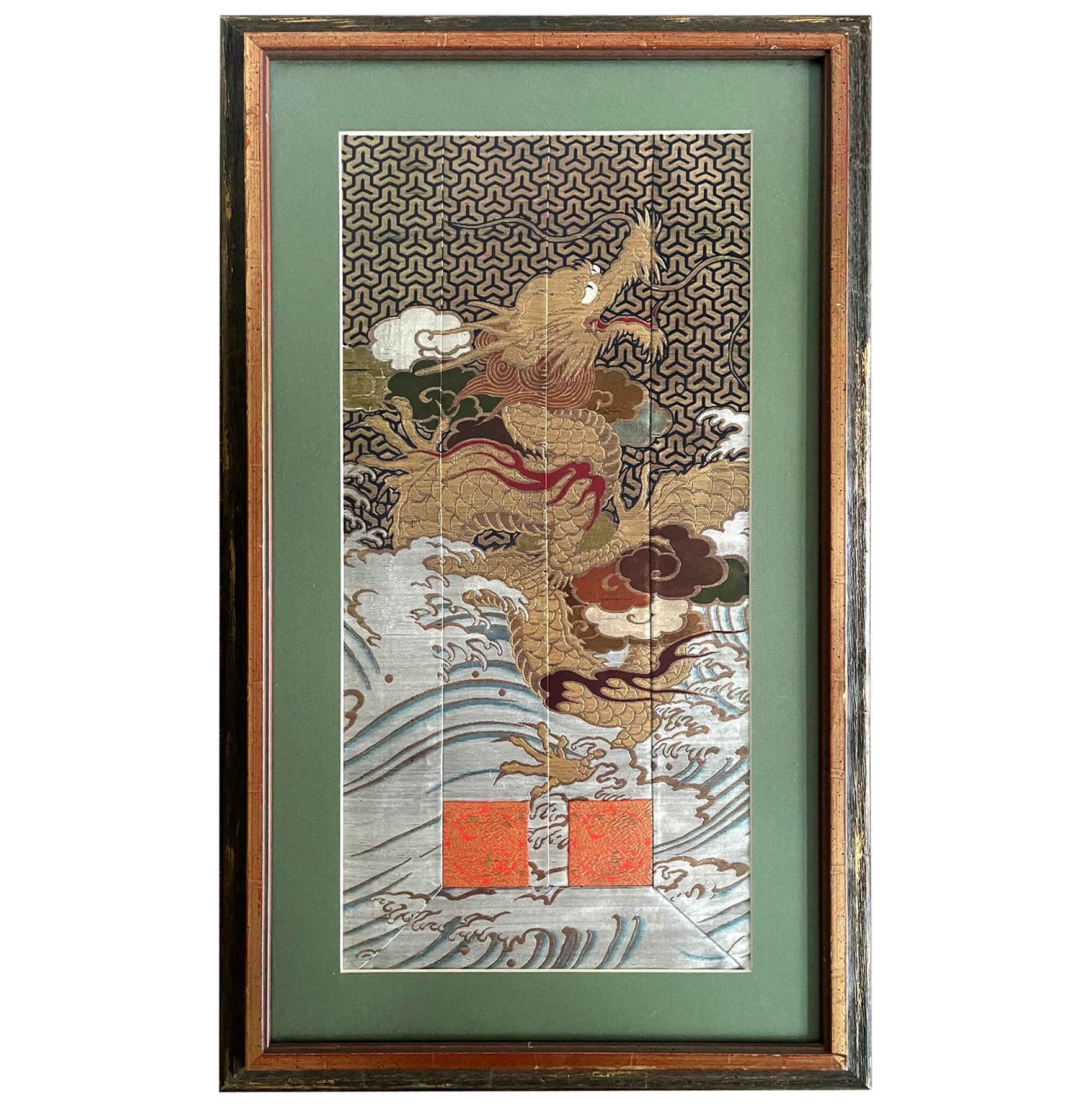 Framed Japanese Woven Textile Panel with Dragon Meiji Period For Sale