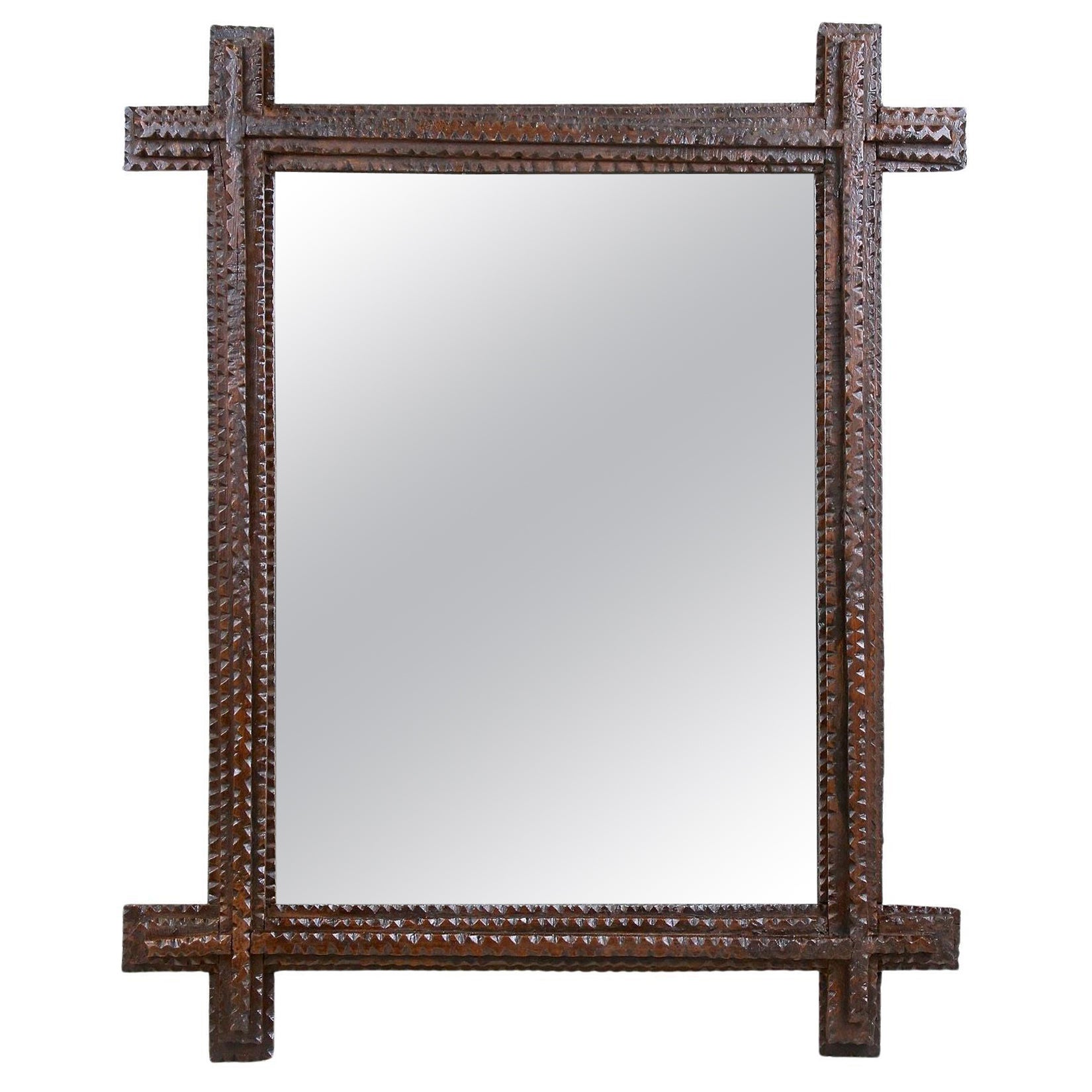 Tramp Art Rustic Wall Mirror, Basswood Handcarved, Austria, circa 1860 For Sale