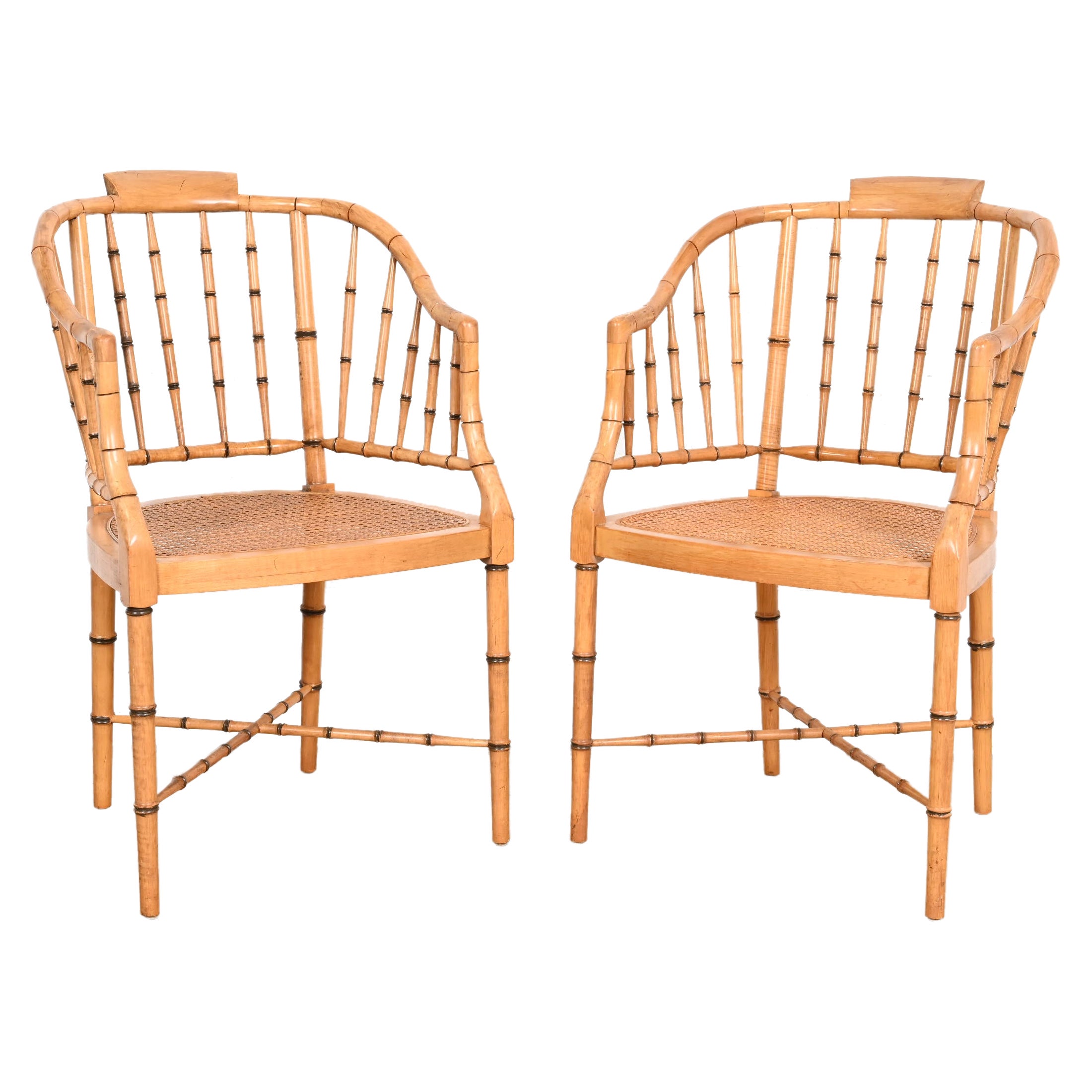 Faux Bamboo and Cane Regency Tub Armchairs Attributed to Baker Furniture, Pair