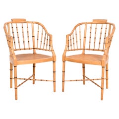 Used Faux Bamboo and Cane Regency Tub Armchairs Attributed to Baker Furniture, Pair