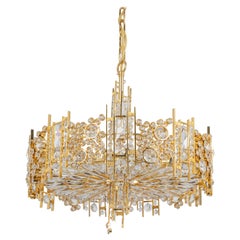 Large Gilt Brass and Crystal Chandelier, by Palwa, Germany, 1970s