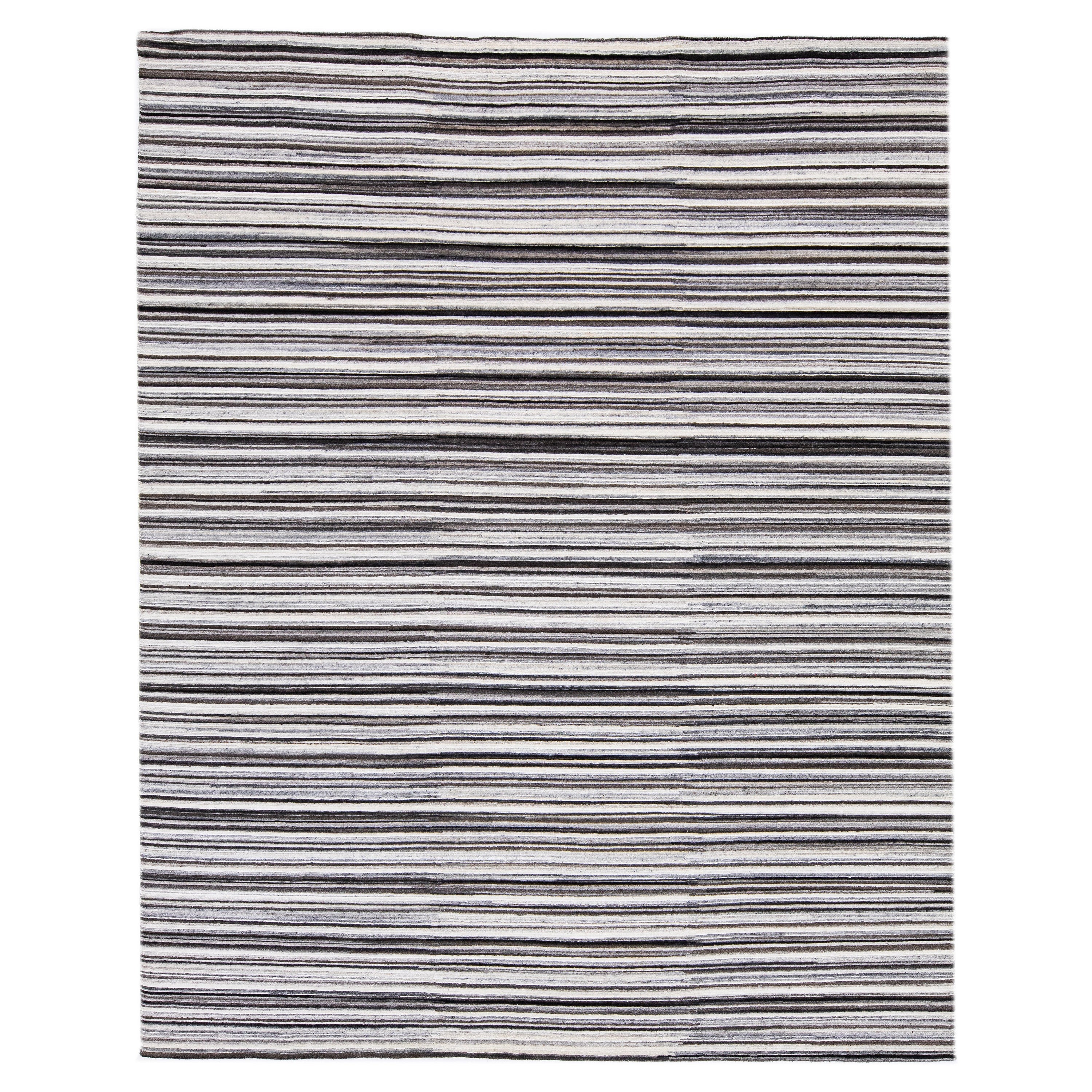 Modern Handmade Striped Wool Rug in Ivory and Brown For Sale