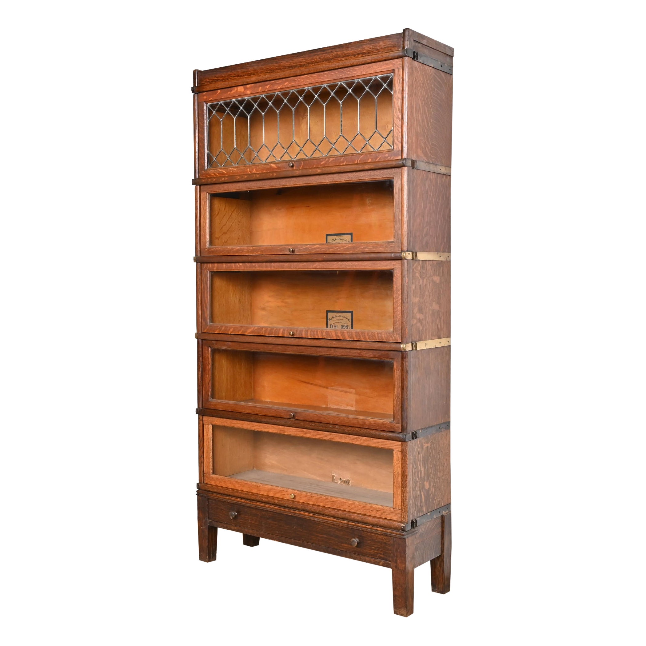 Globe Wernicke Arts & Crafts Oak Five-Stack Barrister Bookcase with Leaded Glass