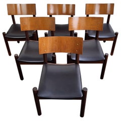 Set of 6 Mid-Century Modern Italian Walnut Wood Upholstered Dining Chairs