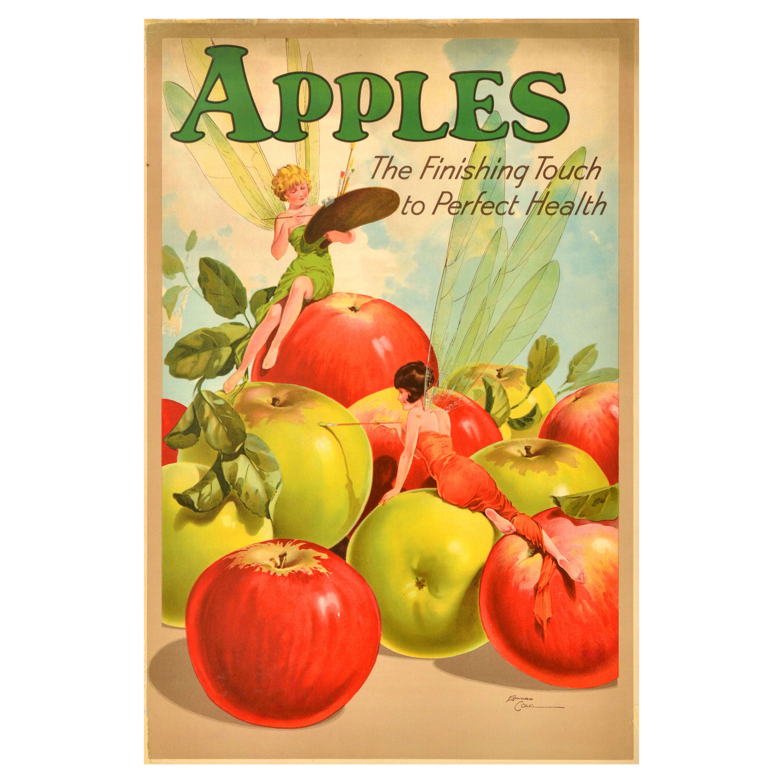 Original Vintage Food Advertising Poster Apples Finishing Touch Perfect Health For Sale