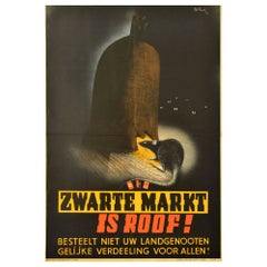 Affiche d'origine de guerre vintage Zwarte Markt Black Market Theft de la Seconde Guerre mondiale Pat Keely Rat