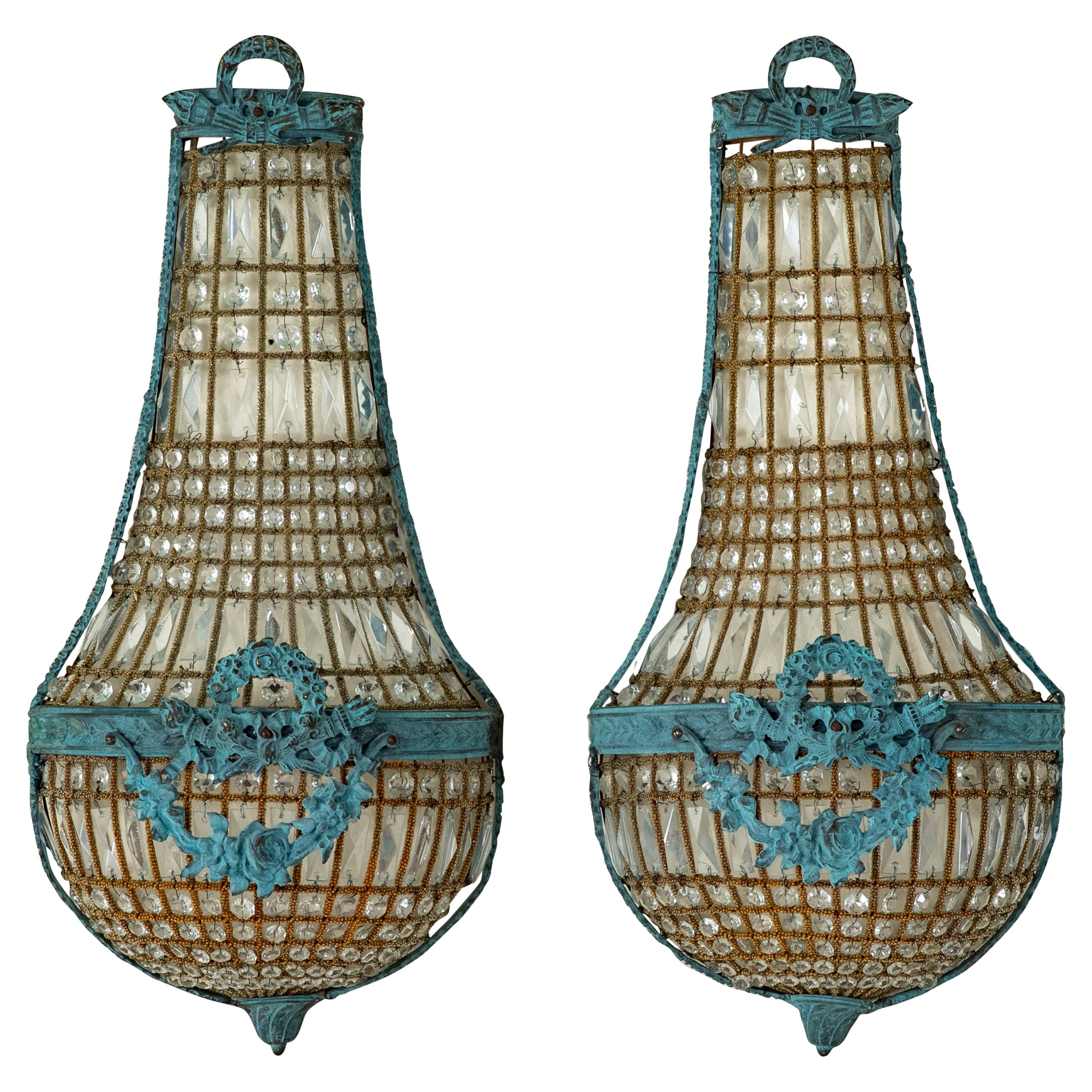 French Louis XVI Style Patinated and Beaded Glass Wall Sconces 