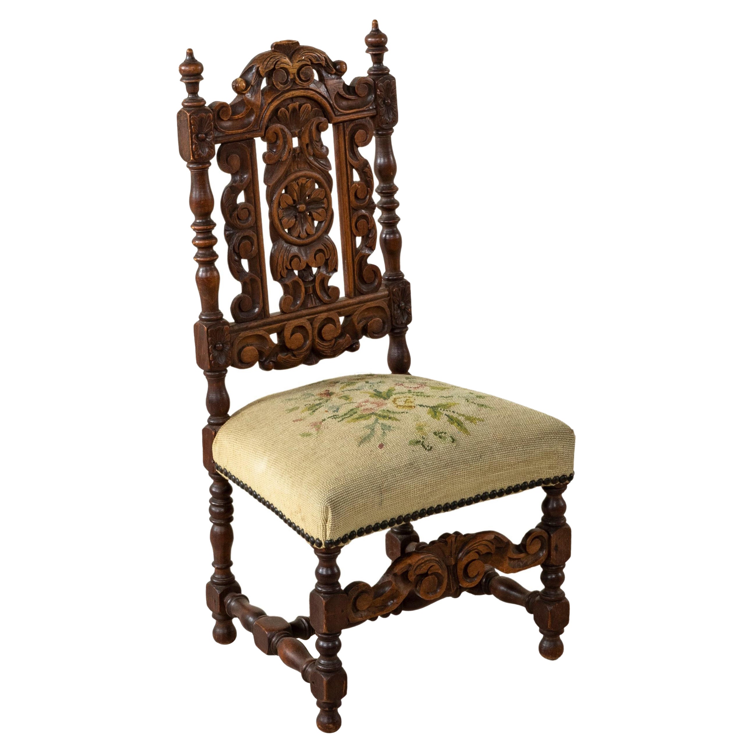 Late 19th Century French Hand Carved Oak Child's Chair with Needlepoint Seat For Sale