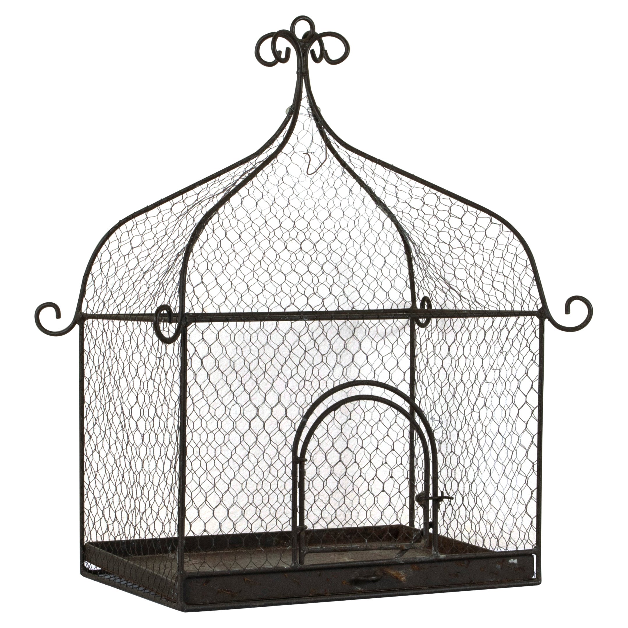 Cage à oiseaux en fer et fil métallique français du milieu du 20e siècle avec plateau coulissant