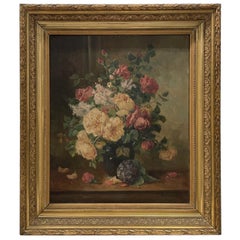 19th Century French Still Life Oil Painting of Roses by Eugène Henri Cauchois