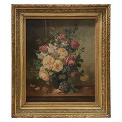 19th Century French Still Life Oil Painting of Roses by Eugène Henri Cauchois