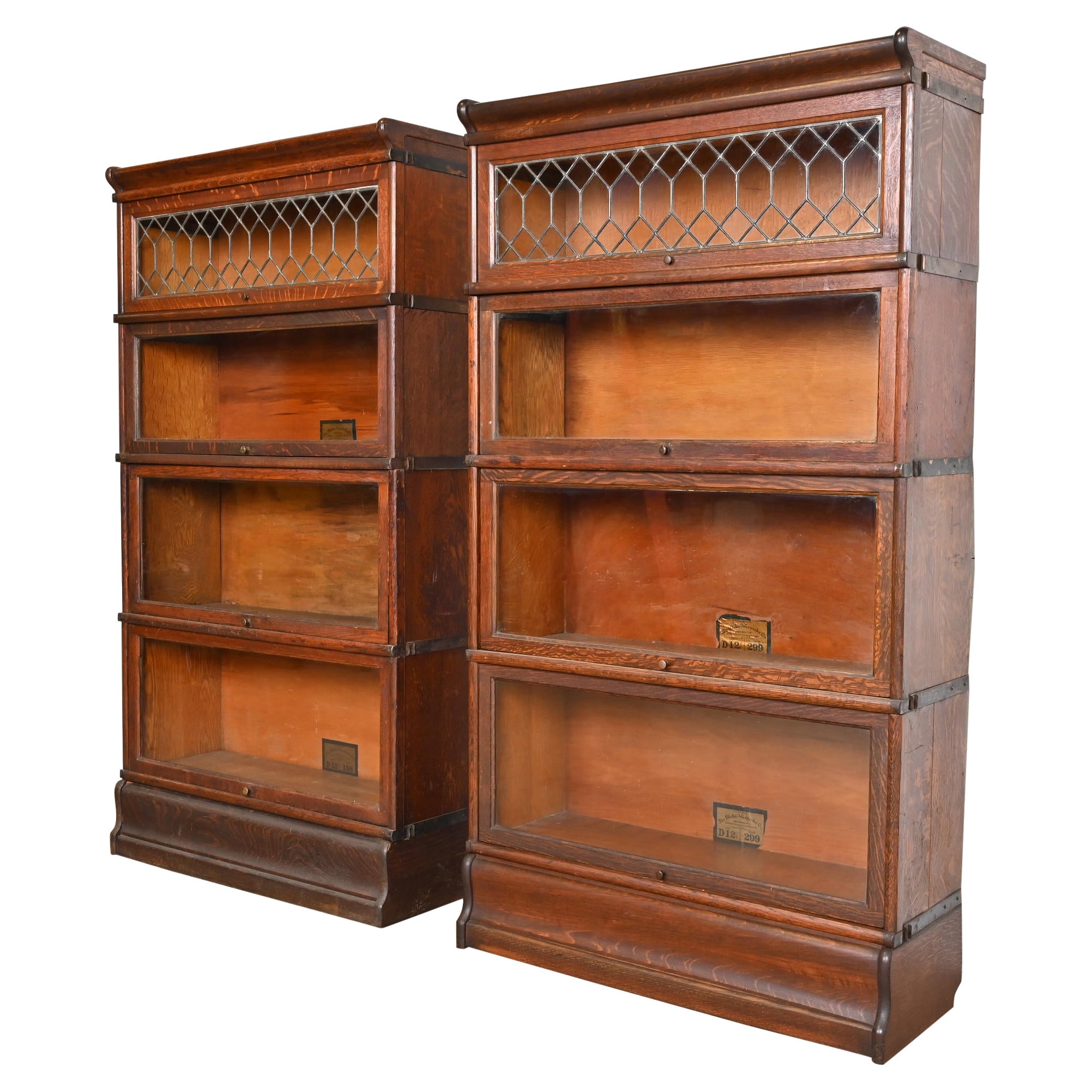 Globe Wernicke Arts & Crafts Oak Barrister Bookcases With Leaded Glass, Pair